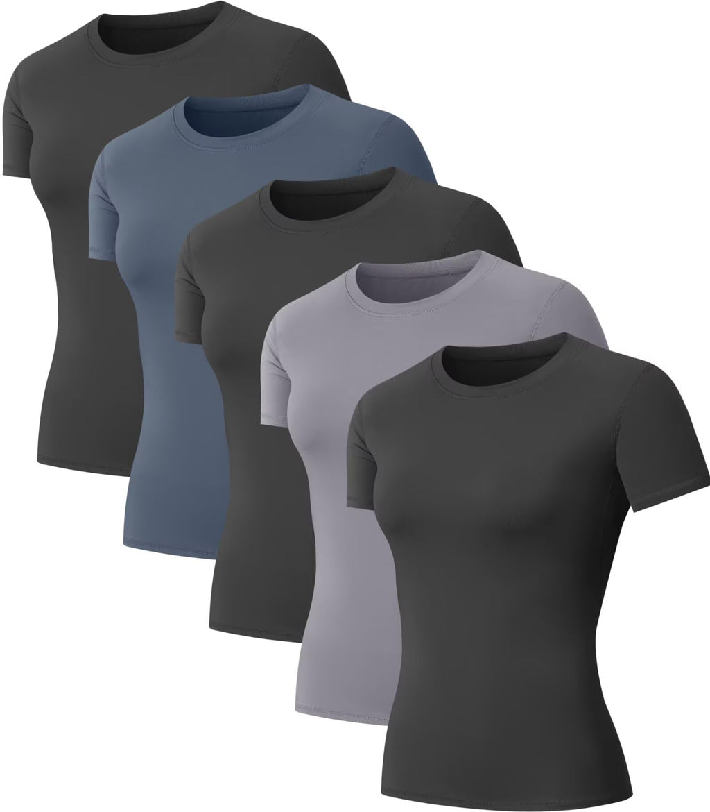 5-Pack Women's Compression Shirts Short Sleeve Workout Gym Tops | Moisture Wicking, Quick Dry, Breathable, Stretchy, Tight Fit, Muscle Support, Athletic Baselayer, for Yoga, Running, Fitness