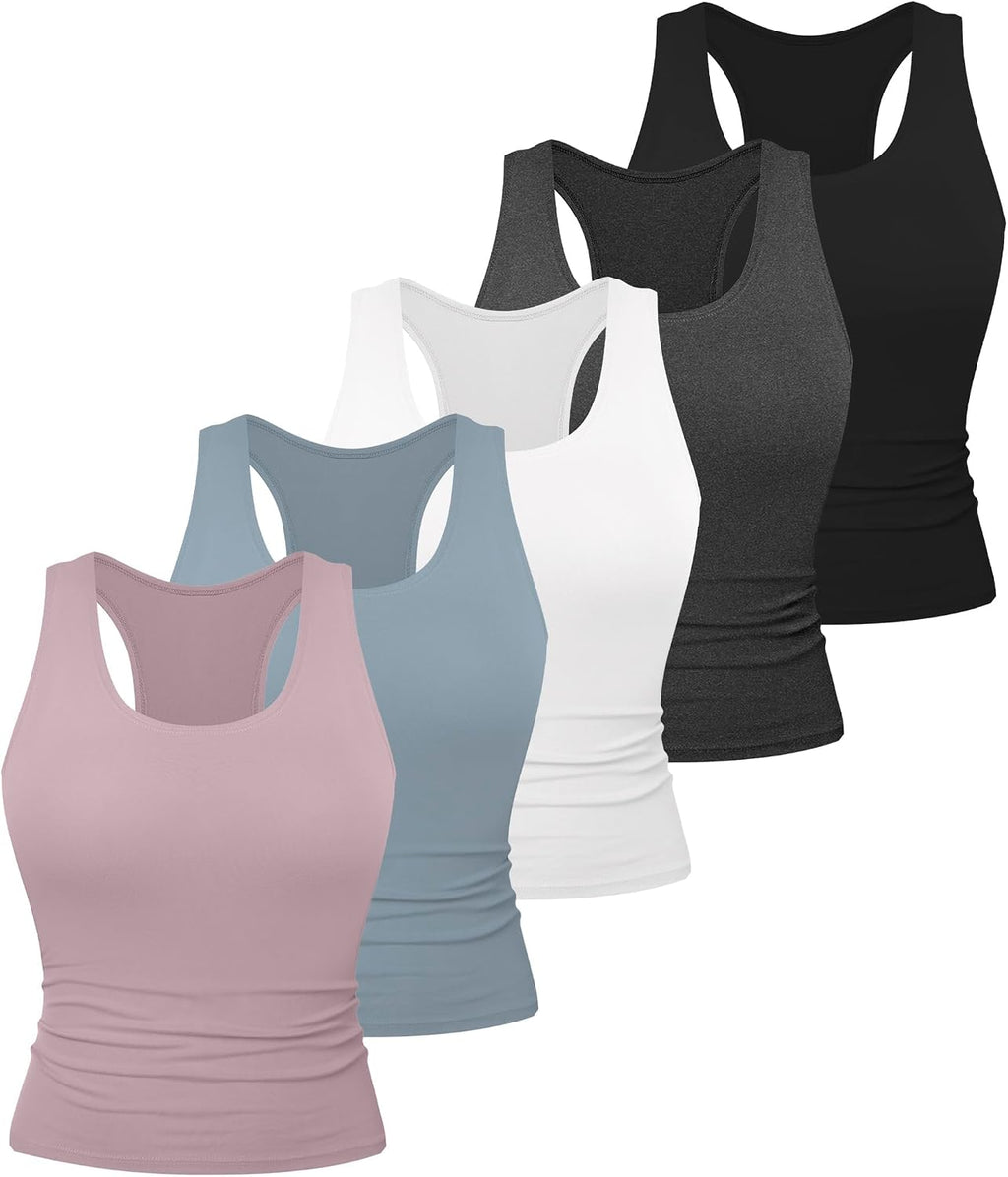 Dalavch 5 Pack Women's Workout Racerback Tank Tops No Built-in Bra | Fitted, Spandex, Yoga, Active, Exercise, Athletic, Running, Gym, Sports, Crop, Tops, for Women