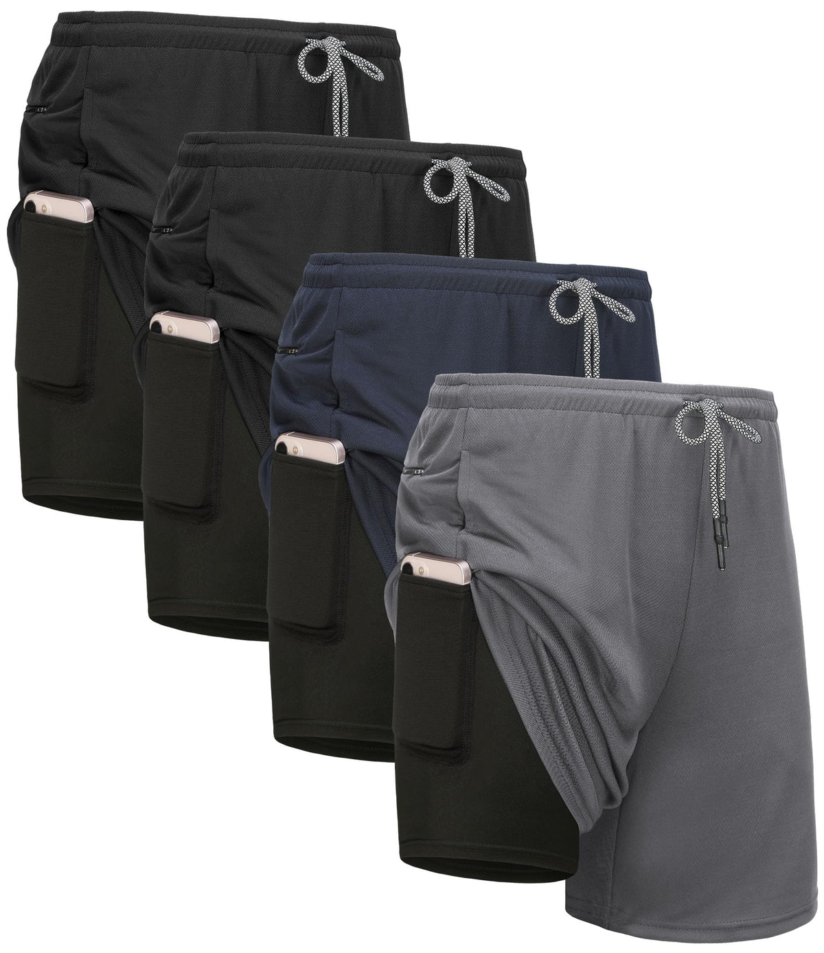 Kinglaman 1/4 Pack Men's 2 in 1 Lined Running Shorts Gym Athletic Shorts | Built-in Liner, Quick Dry Fabric, Convenient Pockets, Breathable Stretch Fit, for Running, Gym Training, Workout, Sports