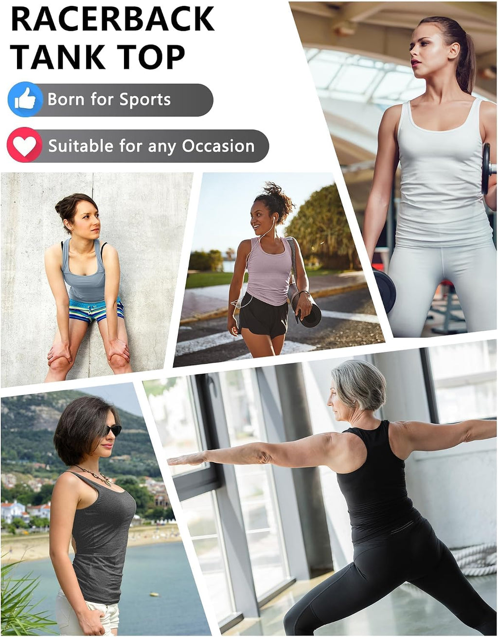 Dalavch 5 Pack Women's Workout Racerback Tank Tops No Built-in Bra | Fitted, Spandex, Yoga, Active, Exercise, Athletic, Running, Gym, Sports, Crop, Tops, for Women