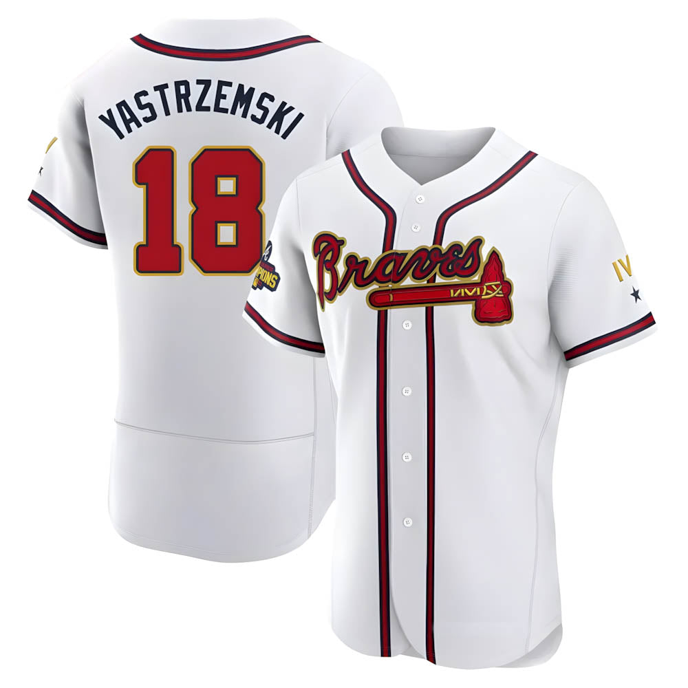 Pouc A.Braves #18 Mike Yastrzemski player Gold Authentic White Program Stitched Jerseys