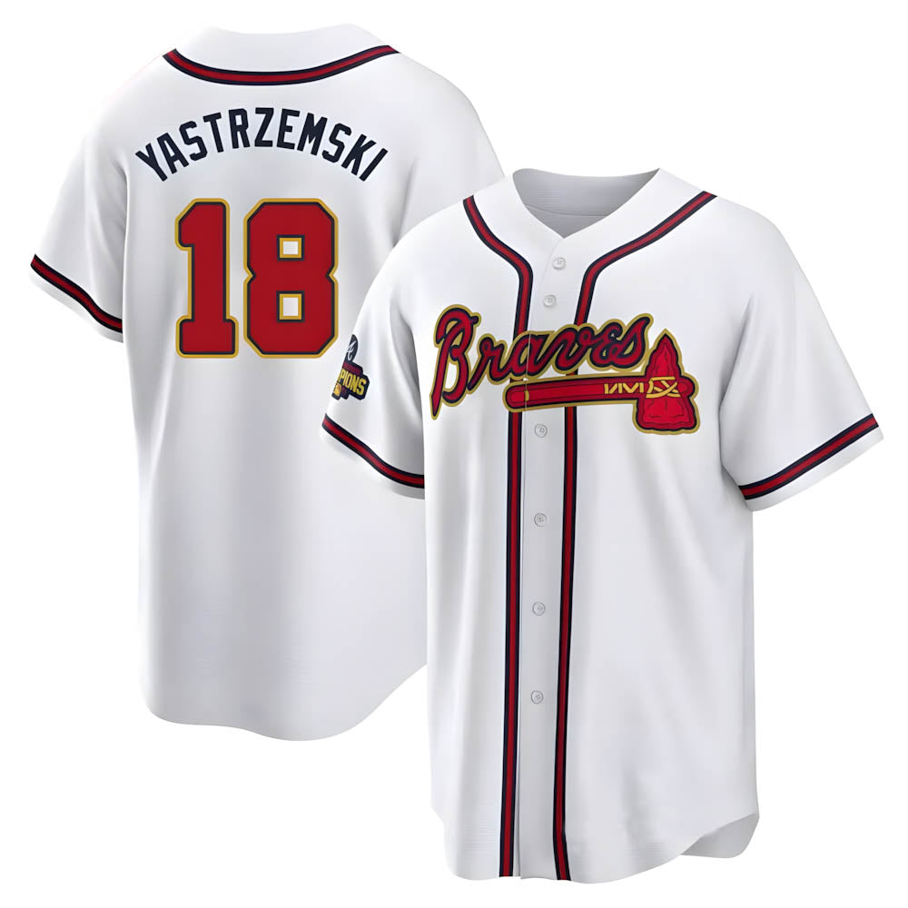 Pouc A.Braves #18 Mike Yastrzemski player Gold Replica White Program Stitched Jerseys