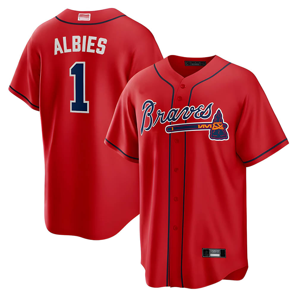 Pouc A.Braves #1 Ozzie Albies Player Red Alternate Stitched Jerseys