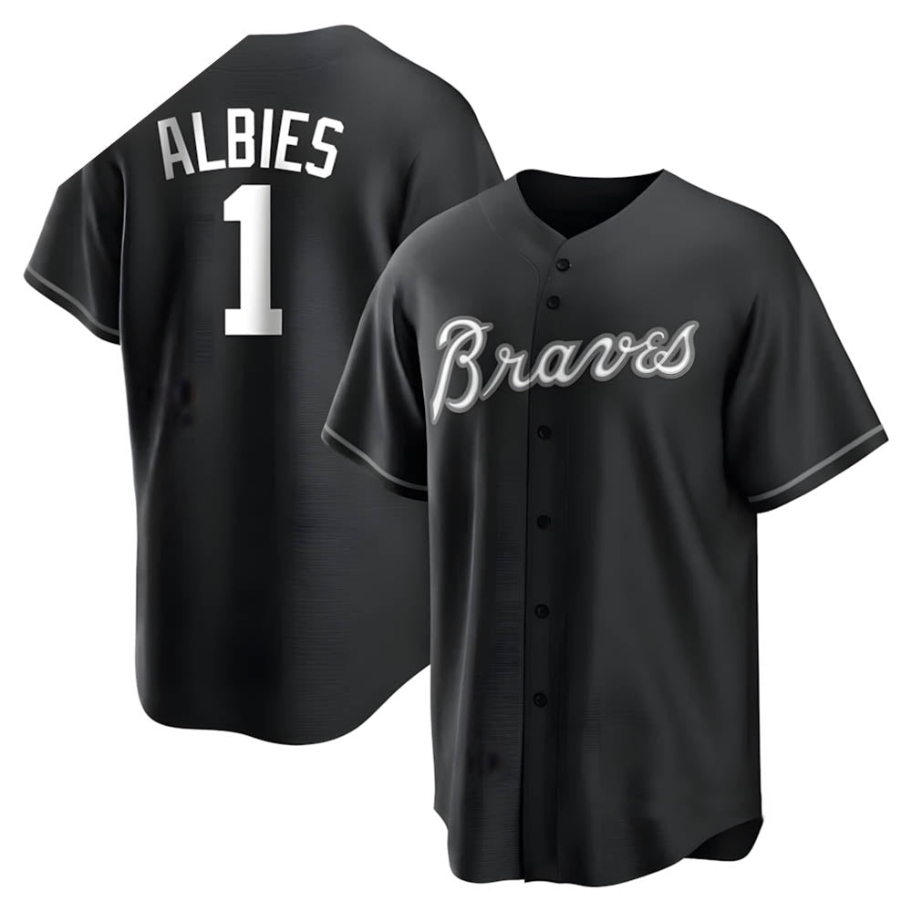 Pouc A.Braves #1 Ozzie Albies Player Black&White Replica Stitched Jerseys