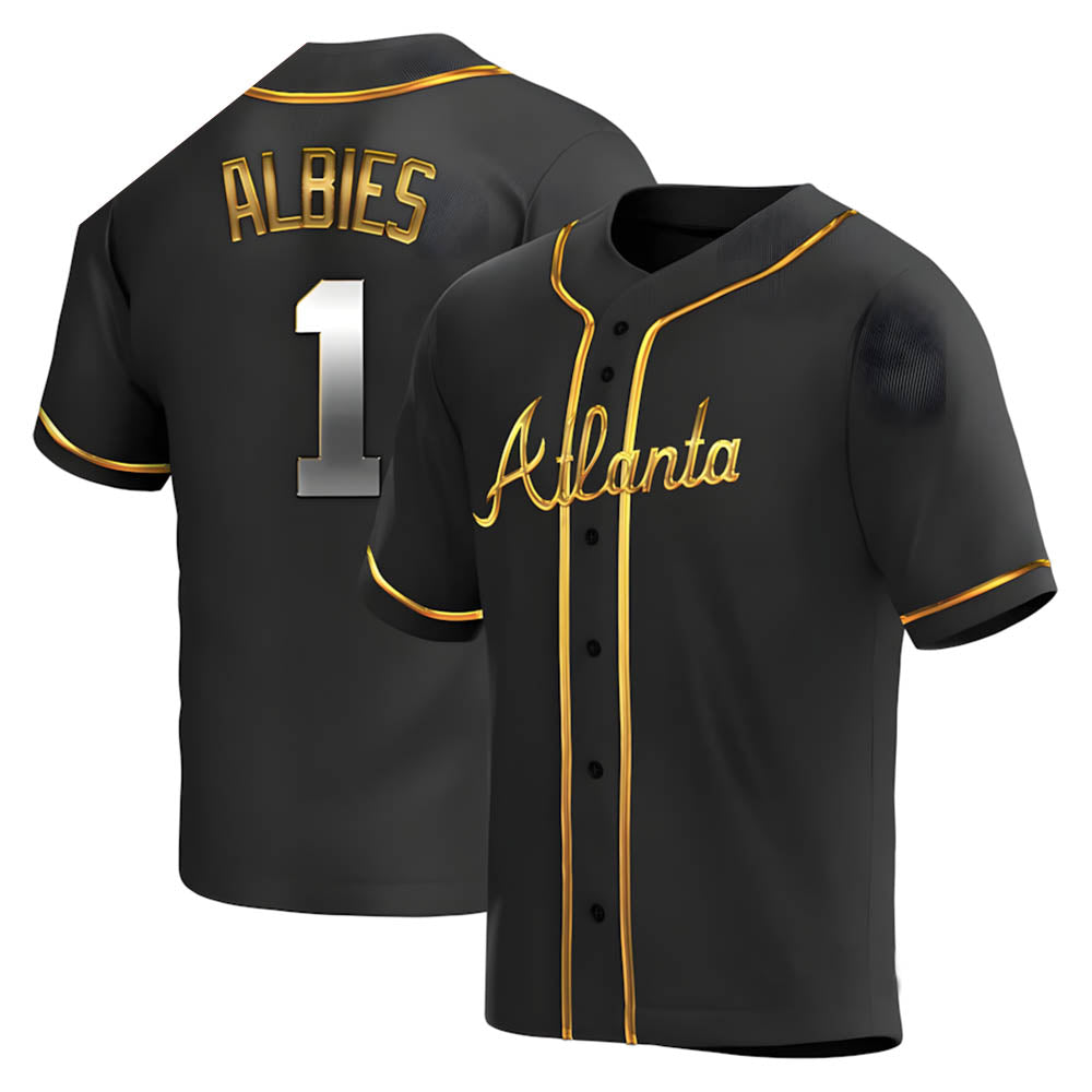 Pouc A.Braves #1 Ozzie Albies Player Gold Replica Black en Alternate Stitched Jerseys