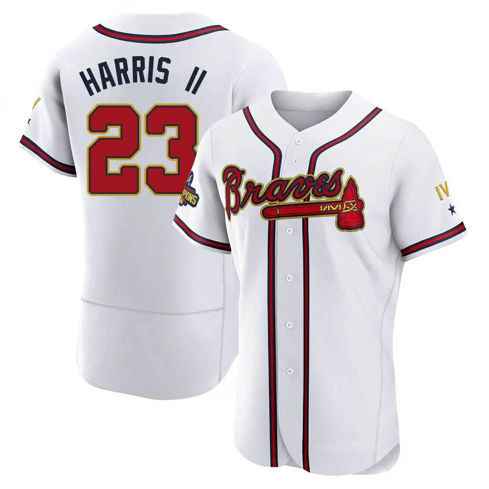 Pouc A.Braves #23 Michael Harris II player White&Gold Authentic Program Stitched Jerseys