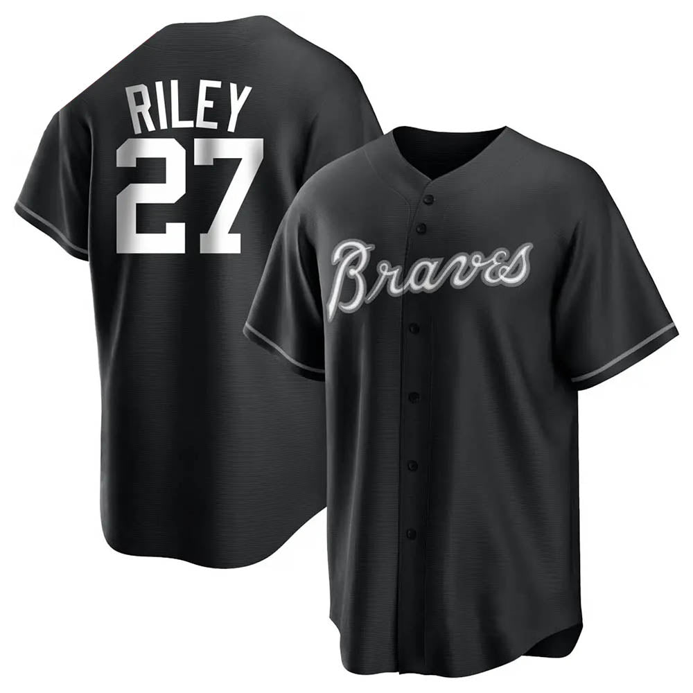 Pouc A.Braves #27 Austin Riley Player Black&White Replica Stitched Jerseys