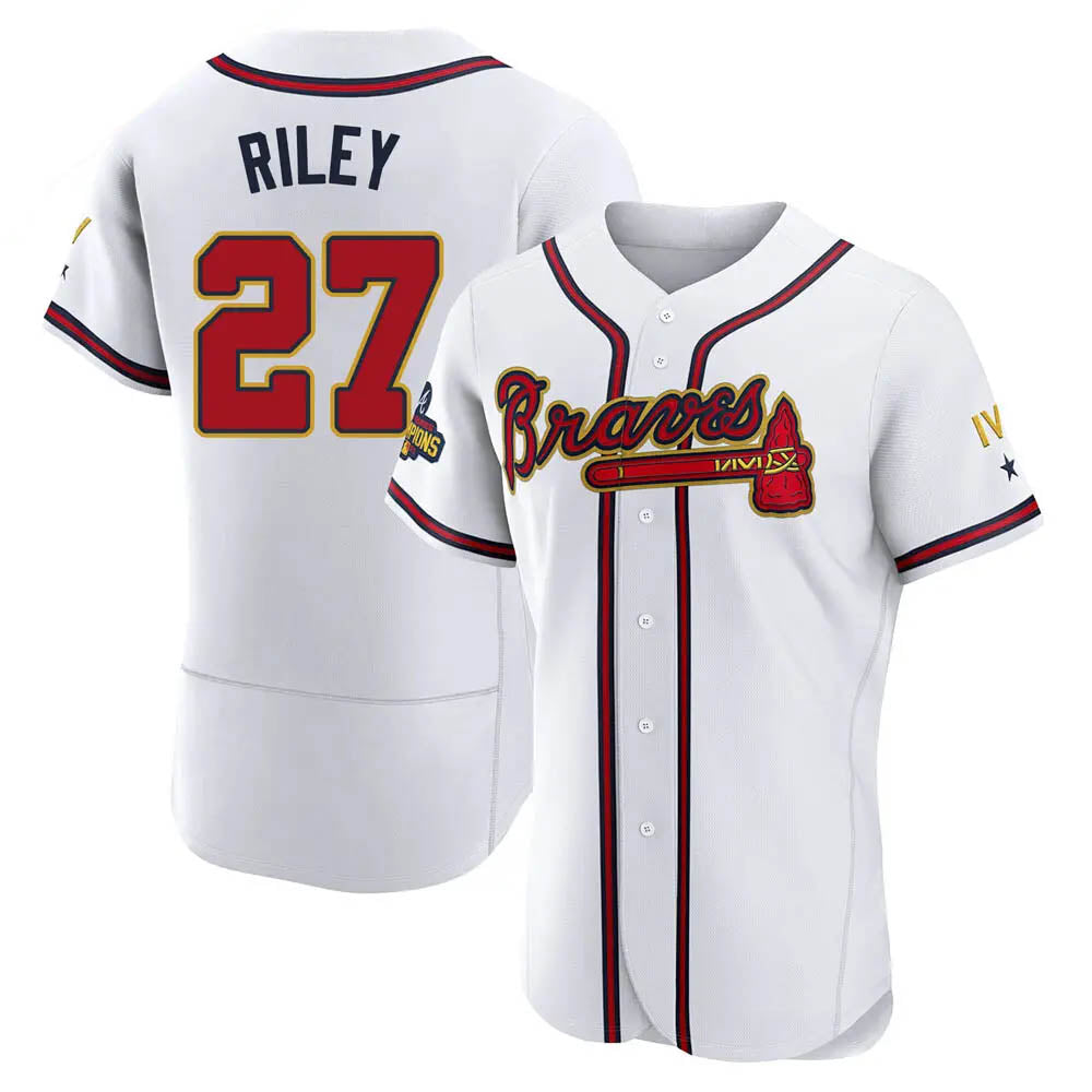 Pouc A.Braves #27 Austin Riley Player White&Gold Authentic Program Stitched Jerseys