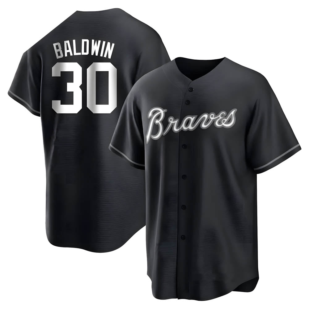 Pouc A.Braves #30 Drake Baldwin player Black&White Replica Stitched Jerseys