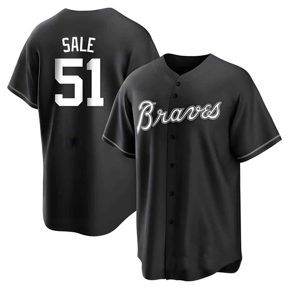 Pouc A.Braves #51 Chris Sale Player White&Black Replica Stitched Jerseys