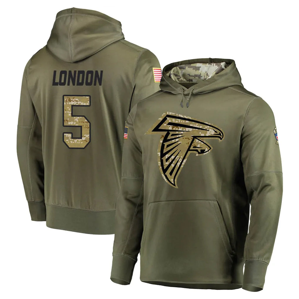 Pouc A.Falcons #5 Drake London Player Olive Salute to Service Pullover Hoodies Stitched Jerseys