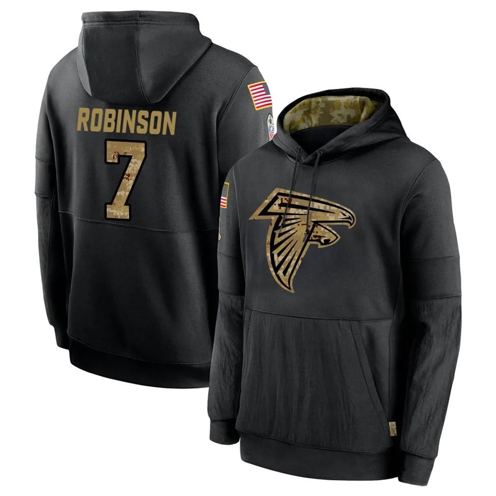 Pouc A.Falcons #7 Bijan Robinson Player Black Salute to Service Pullover Hoodies Stitched Jerseys