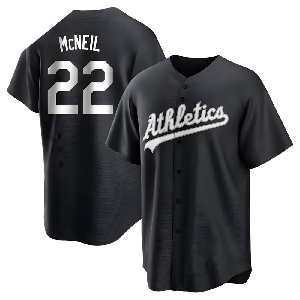 Pouc Athletics #22 Jeff McNeil player Black&White Replica Stitched Jersey