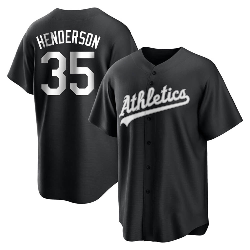 Pouc Athletics #35 Rickey Henderson Player Black&White Replica Stitched Jersey