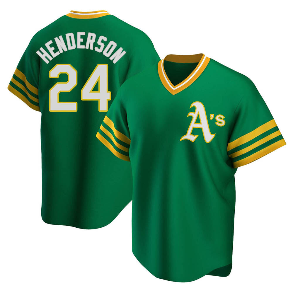 Pouc Athletics #24 Rickey Henderson Player Green Replica Cooperstown Collection T shirt Stitched Jersey