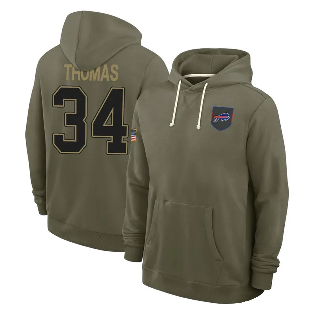 Pouc B.Bills #34 Thurman Thomas Player Olive Salute to Service Hoodies Stitched Jerseys