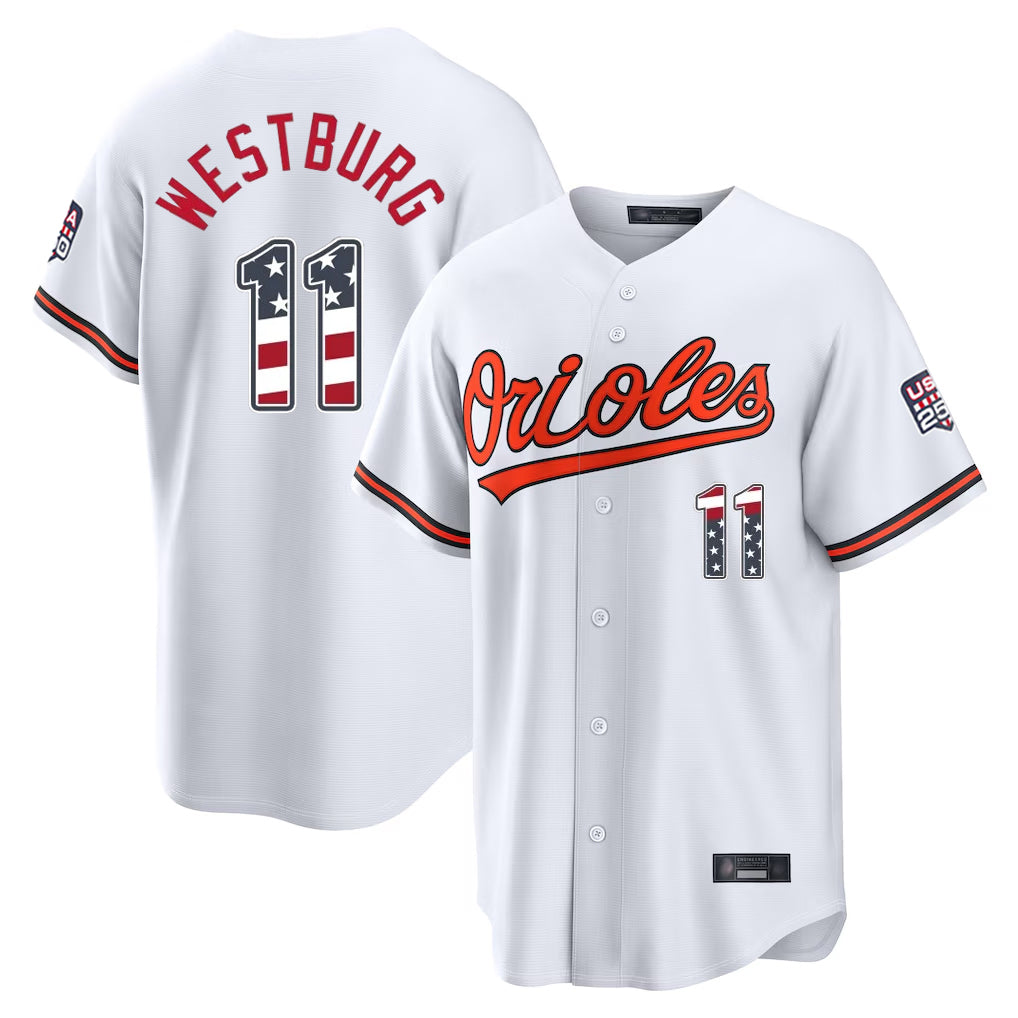 Pouc B.Orioles #11 Jordan Westburg Player White USA 250 Fourth of July Home Game Stitched Jerseys