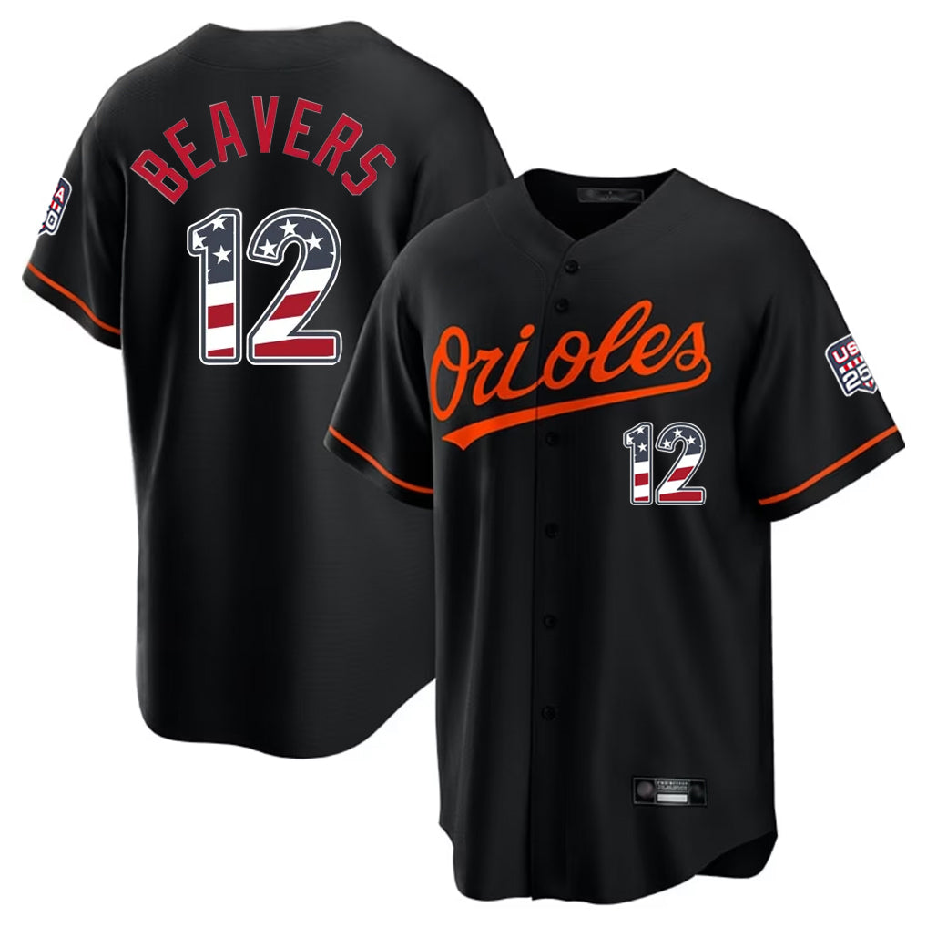 Pouc B.Orioles #12 Dylan Beavers Player Black USA 250 Fourth of July Home Game Stitched Jerseys