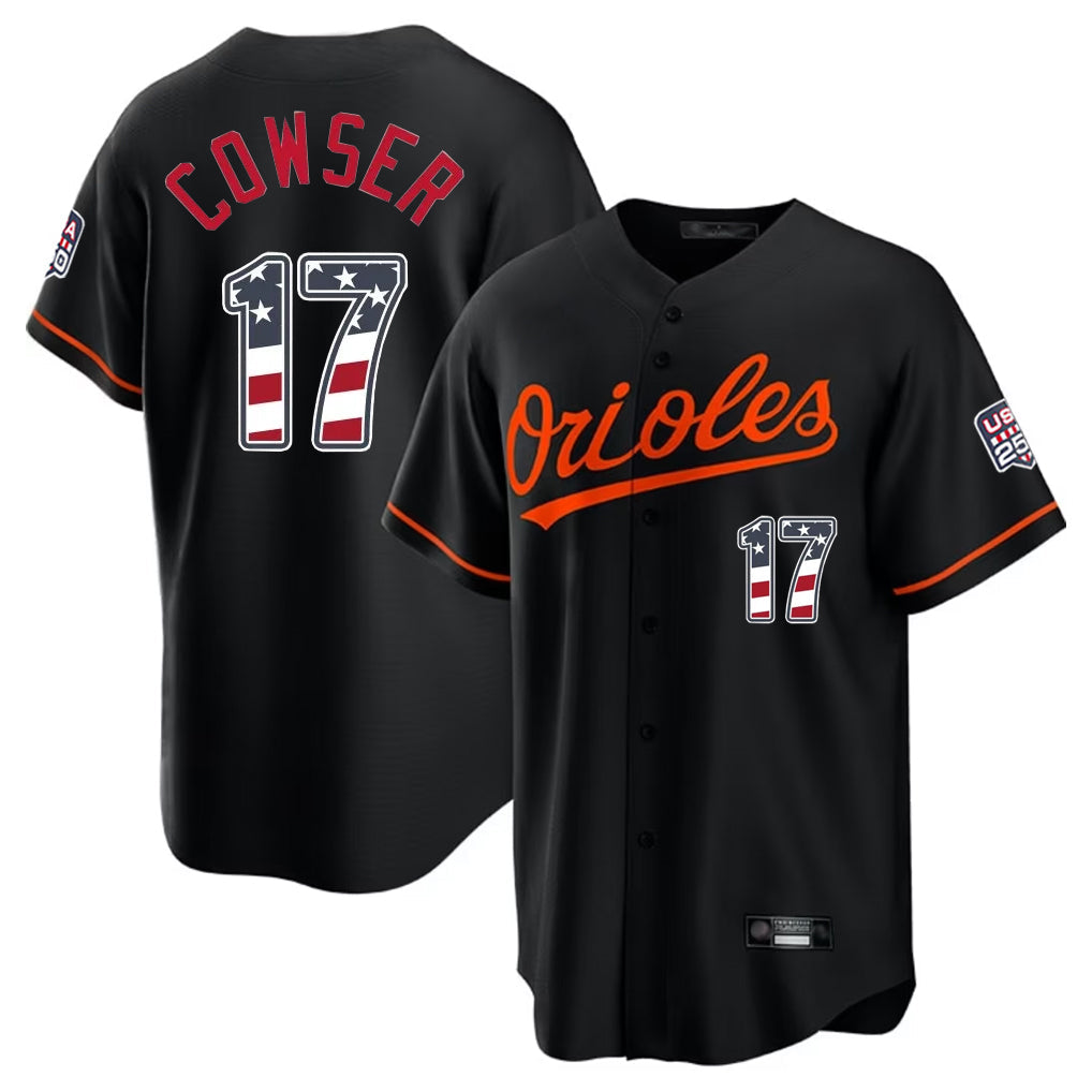 Pouc B.Orioles #17 Colton Cowser Player Black USA 250 Fourth of July Home Game Stitched Jerseys