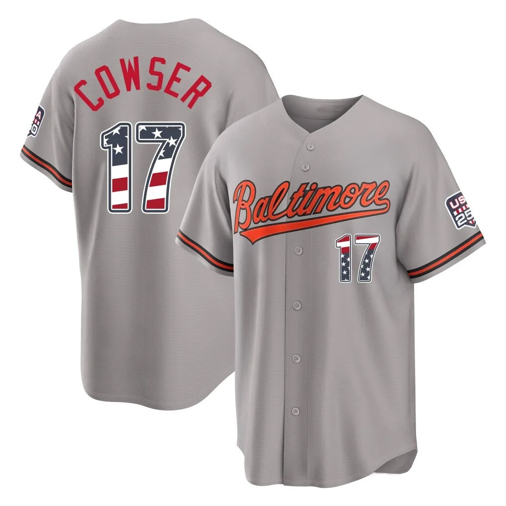 Pouc B.Orioles #17 Colton Cowser Player Gray USA 250 Fourth of July Home Game Stitched Jerseys