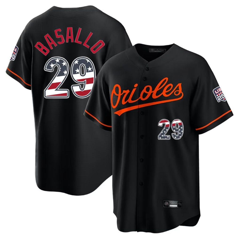 Pouc B.Orioles #29 Samuel Basallo Player Black USA 250 Fourth of July Home Game Stitched Jerseys