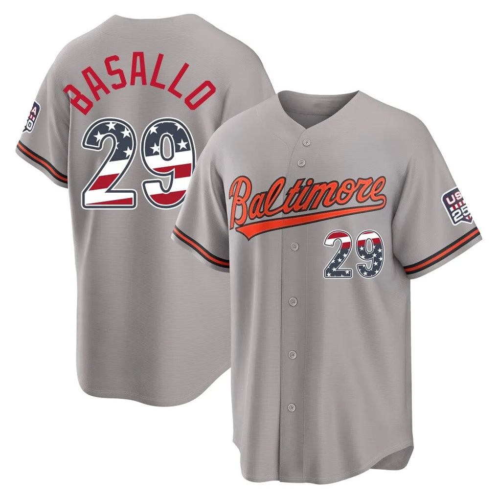 Pouc B.Orioles #29 Samuel Basallo Player Gray USA 250 Fourth of July Home Game Stitched Jerseys