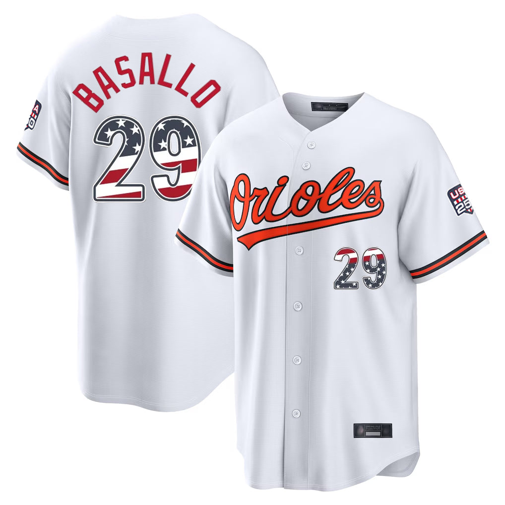 Pouc B.Orioles #29 Samuel Basallo Player White USA 250 Fourth of July Home Game Stitched Jerseys