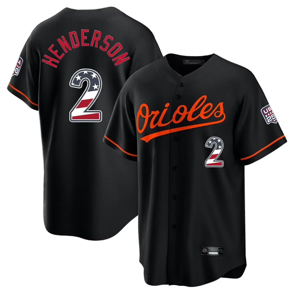 Pouc B.Orioles #2 Gunnar Henderson Player Black USA 250 Fourth of July Home Game Stitched Jerseys