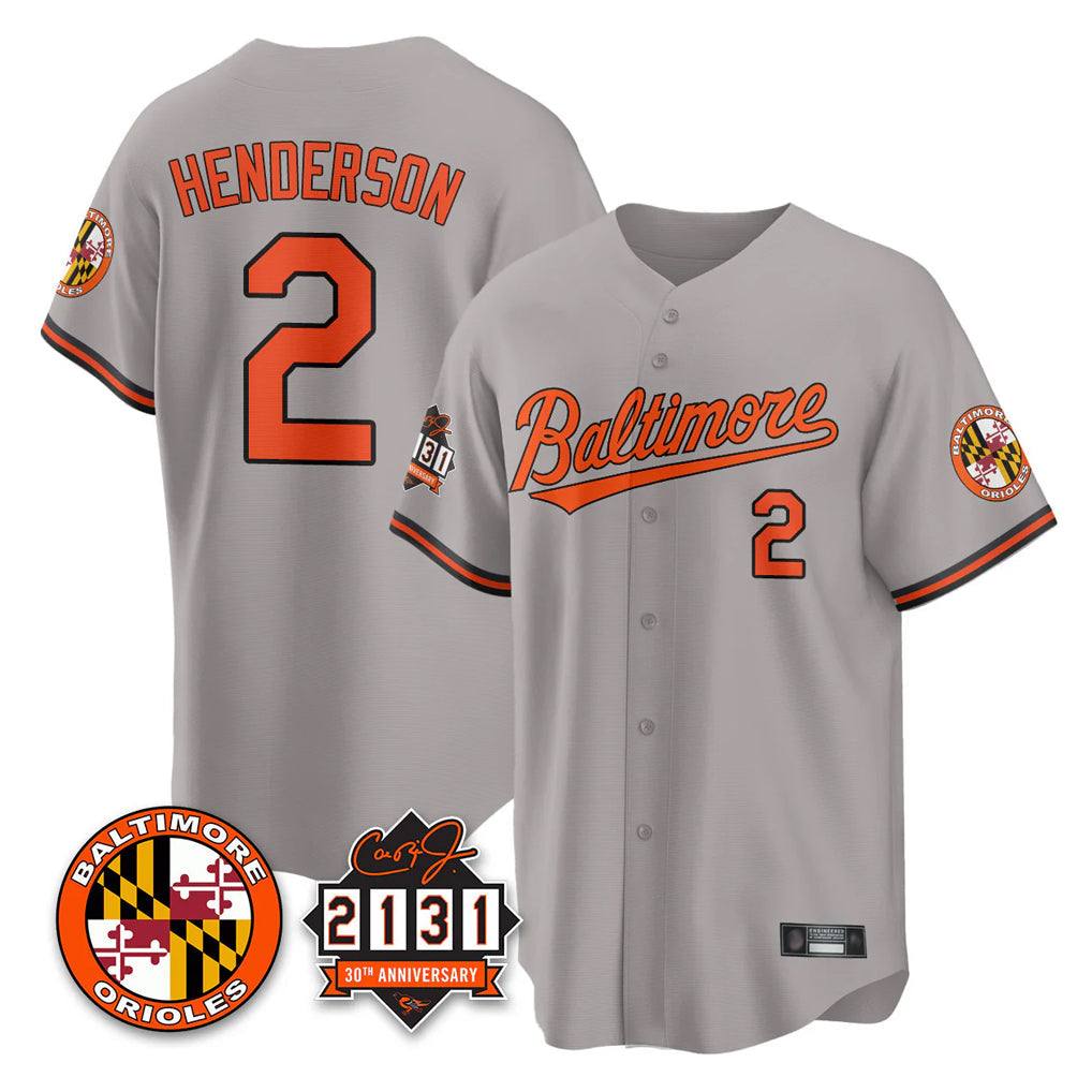 Pouc B.Orioles #2 Gunnar Henderson Player Gray 30th Anniversary of 2131 Home Game Stitched Jerseys
