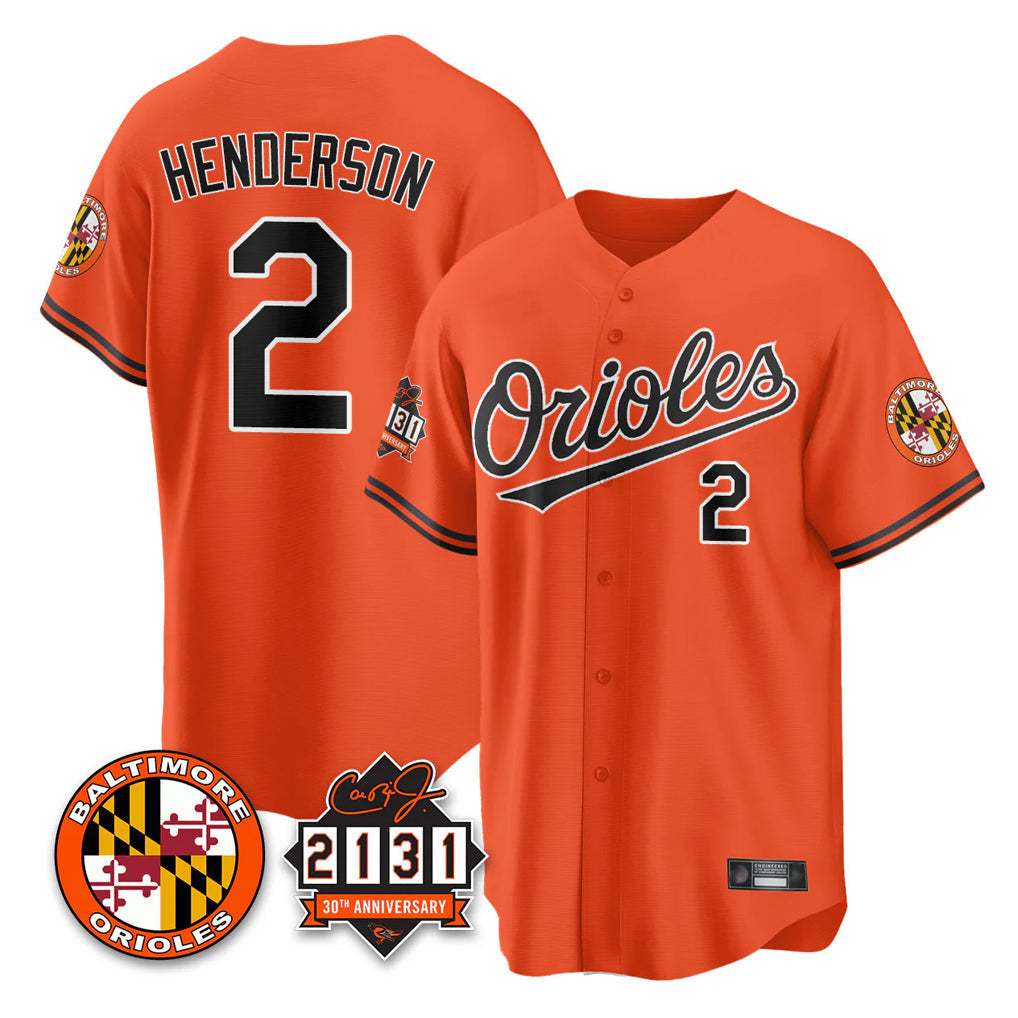 Pouc B.Orioles #2 Gunnar Henderson Player Orange 30th Anniversary of 2131 Home Game Stitched Jerseys