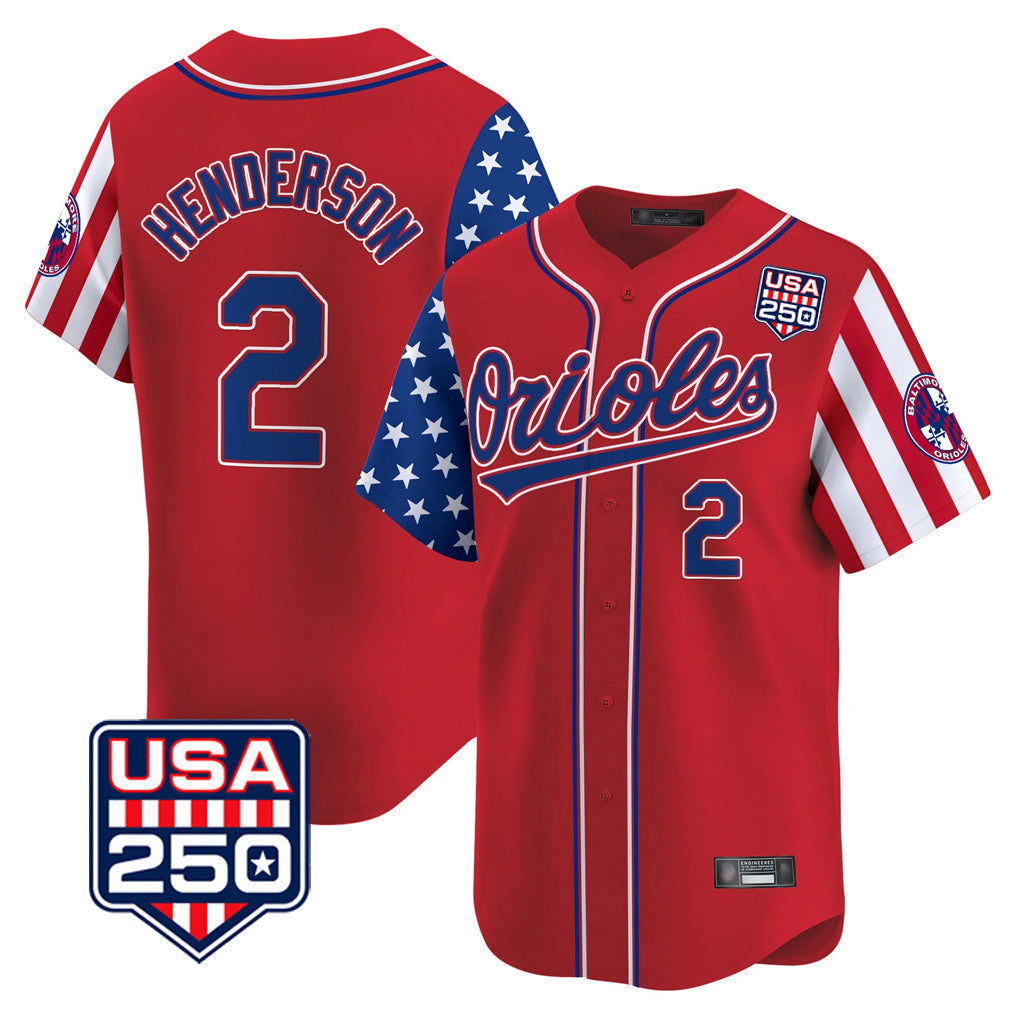 Pouc B.Orioles #2 Gunnar Henderson Player Red USA 250 Independence Day Vapor Premier Limited Home Game Stitched Jerseys
