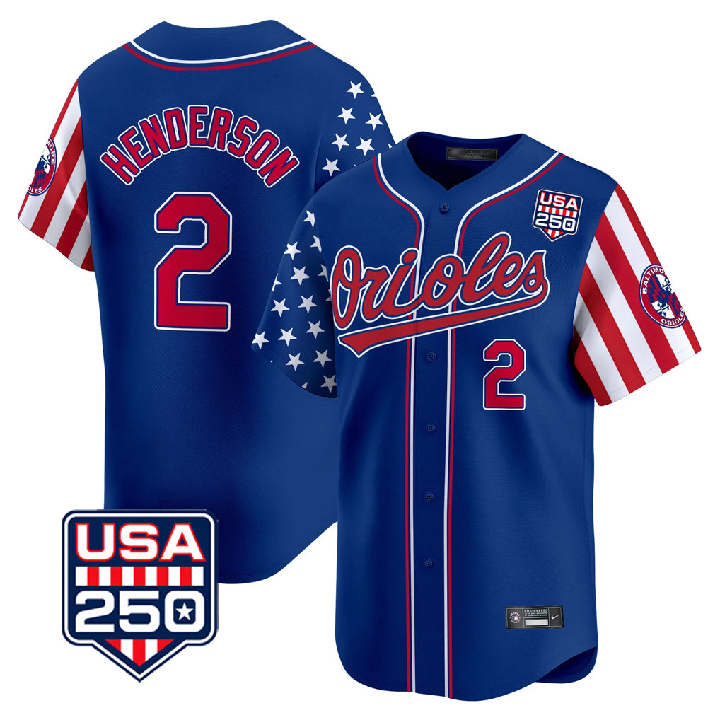 Pouc B.Orioles #2 Gunnar Henderson Player Royal USA 250 Independence Day Vapor Premier Limited Home Game Stitched Jerseys