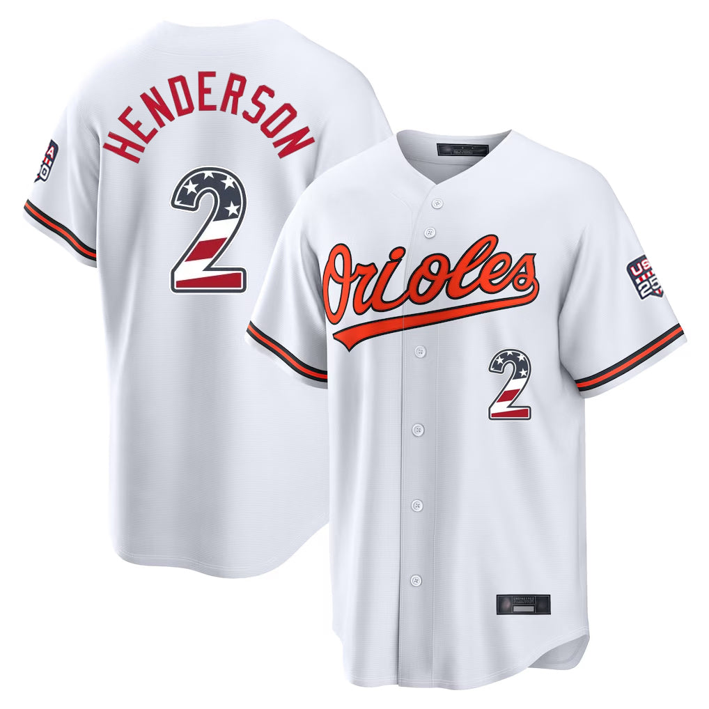 Pouc B.Orioles #2 Gunnar Henderson Player White USA 250 Fourth of July Home Game Stitched Jerseys