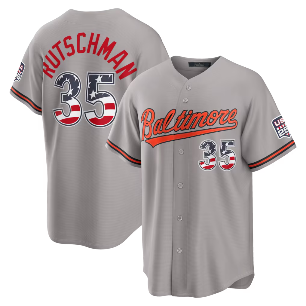 Pouc B.Orioles #35 Adley Rutschman Gray USA 250 Fourth of July Road Stadium Jersey