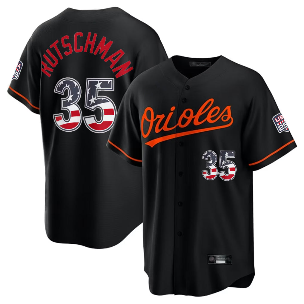 Pouc B.Orioles #35 Adley Rutschman Player Black USA 250 Fourth of July Home Game Stitched Jerseys