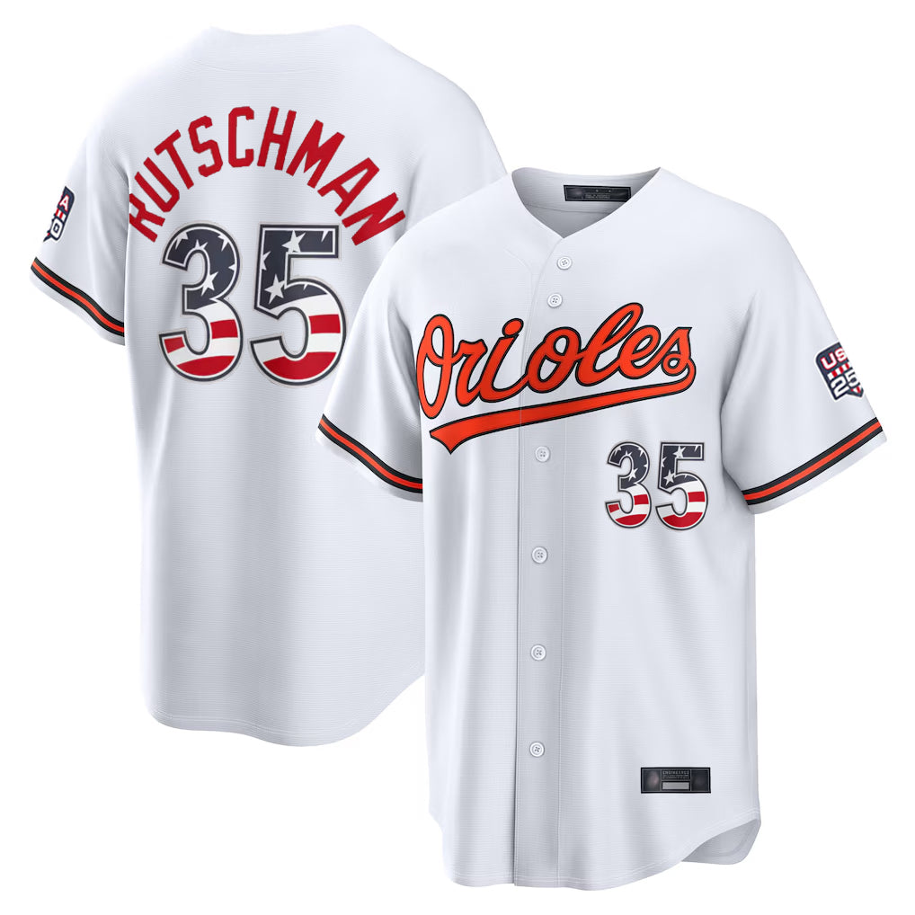 Pouc B.Orioles #35 Adley Rutschman Player White USA 250 Fourth of July Home Game Stitched Jerseys