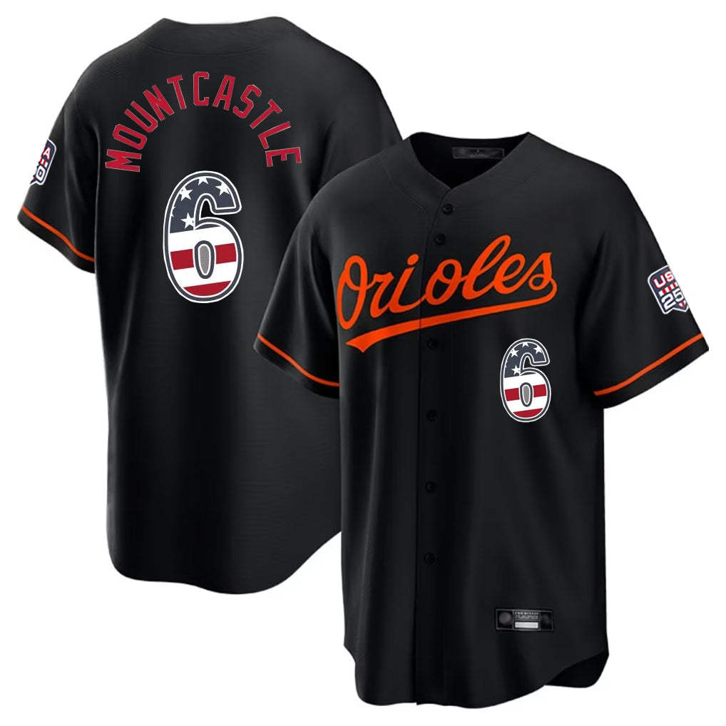Pouc B.Orioles #6 Ryan Mountcastle Player Black USA 250 Fourth of July Home Game Stitched Jerseys