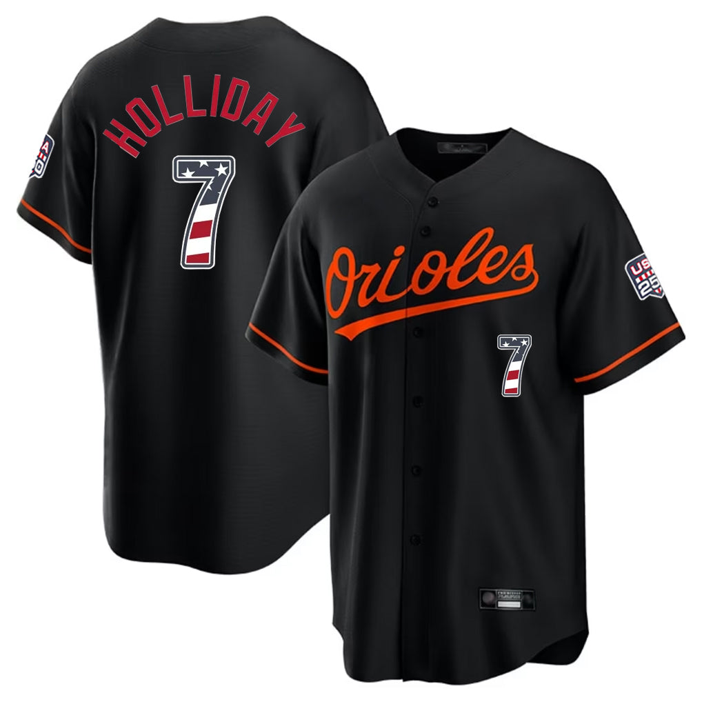 Pouc B.Orioles #7 Jackson Holliday Player Black USA 250 Fourth of July Home Game Stitched Jerseys