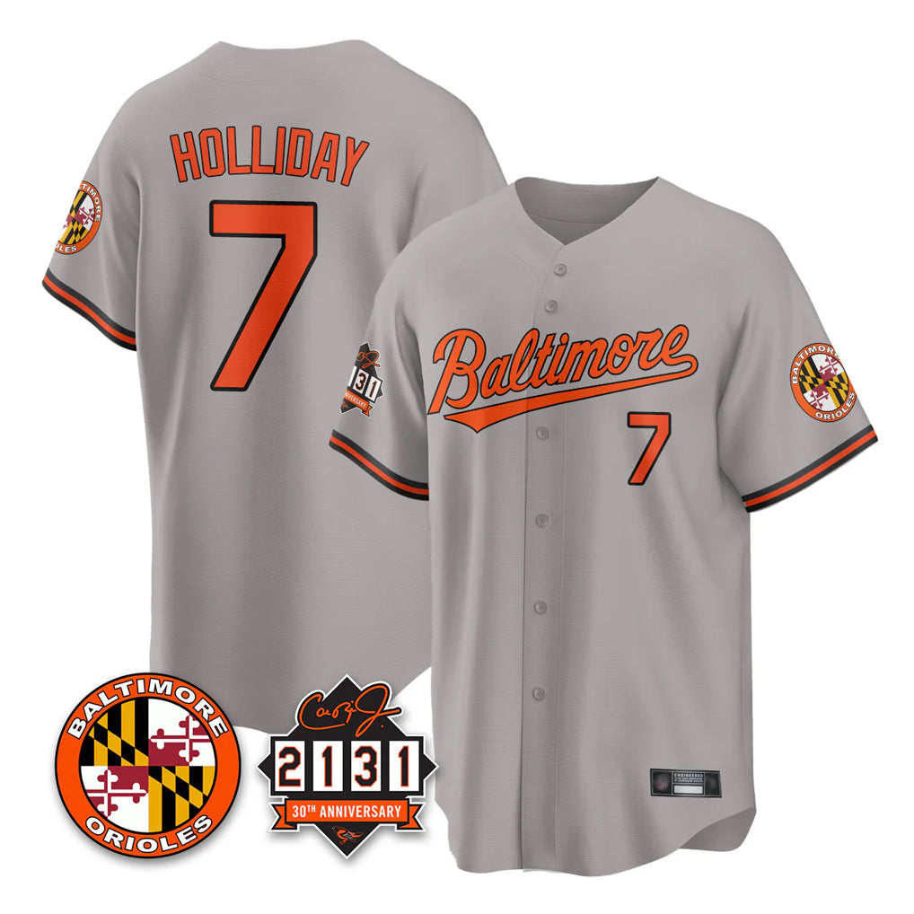 Pouc B.Orioles #7 Jackson Holliday Player Gray 30th Anniversary of 2131 Home Game Stitched Jerseys