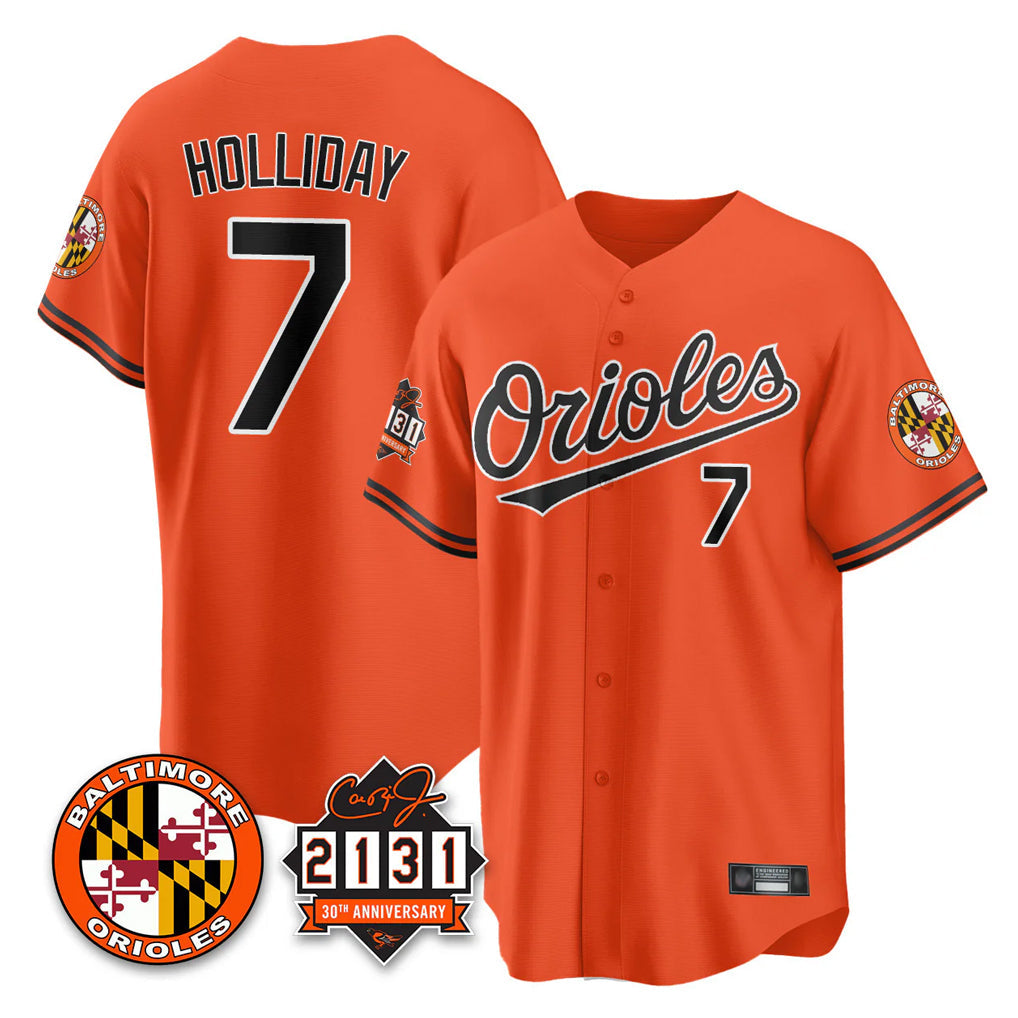 Pouc B.Orioles #7 Jackson Holliday Player Orange 30th Anniversary of 2131 Home Game Stitched Jerseys