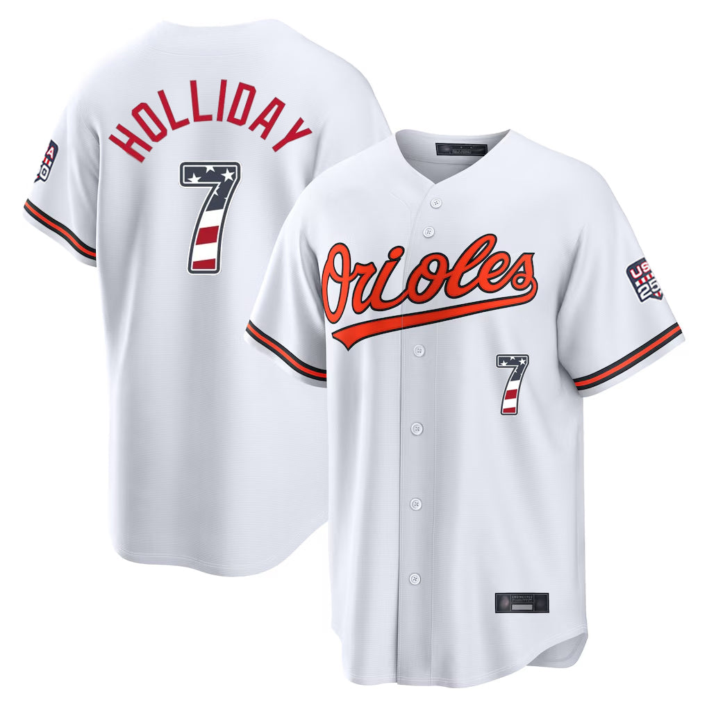 Pouc B.Orioles #7 Jackson Holliday Player White USA 250 Fourth of July Home Game Stitched Jerseys
