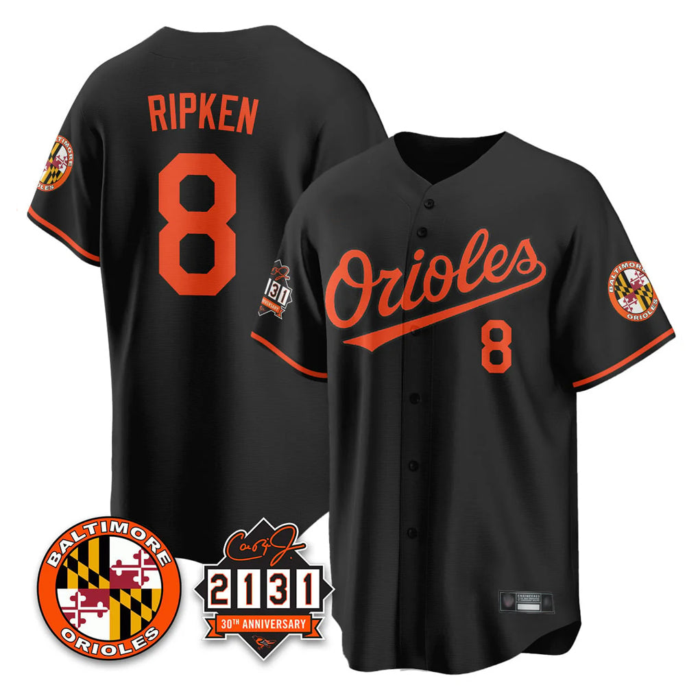 Pouc B.Orioles #8 Cal Ripken Player Black 30th Anniversary of 2131 Home Game Stitched Jerseys