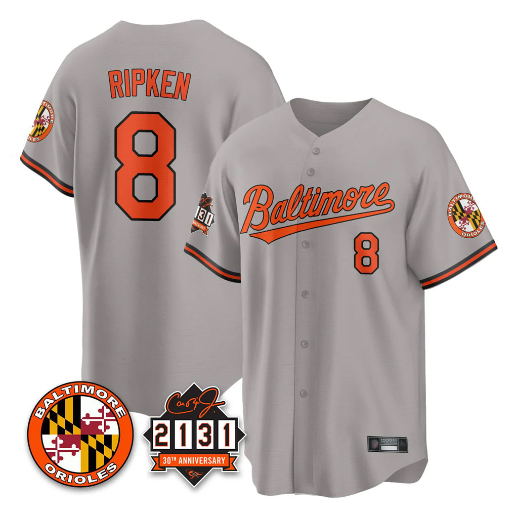 Pouc B.Orioles #8 Cal Ripken Player Gray 30th Anniversary of 2131 Home Game Stitched Jerseys
