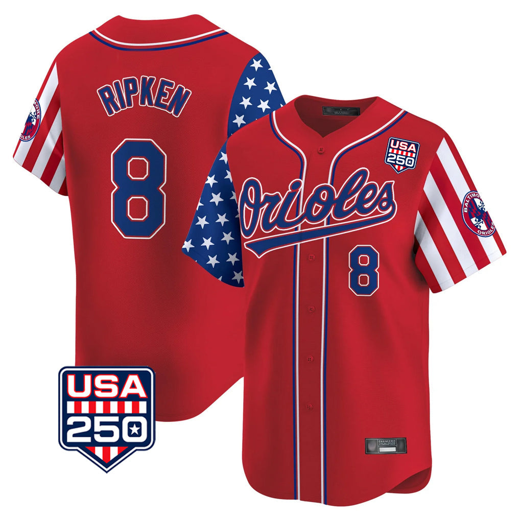 Pouc B.Orioles #8 Cal Ripken Player Red USA 250 Independence Day Vapor Premier Limited Home Game Stitched Jerseys