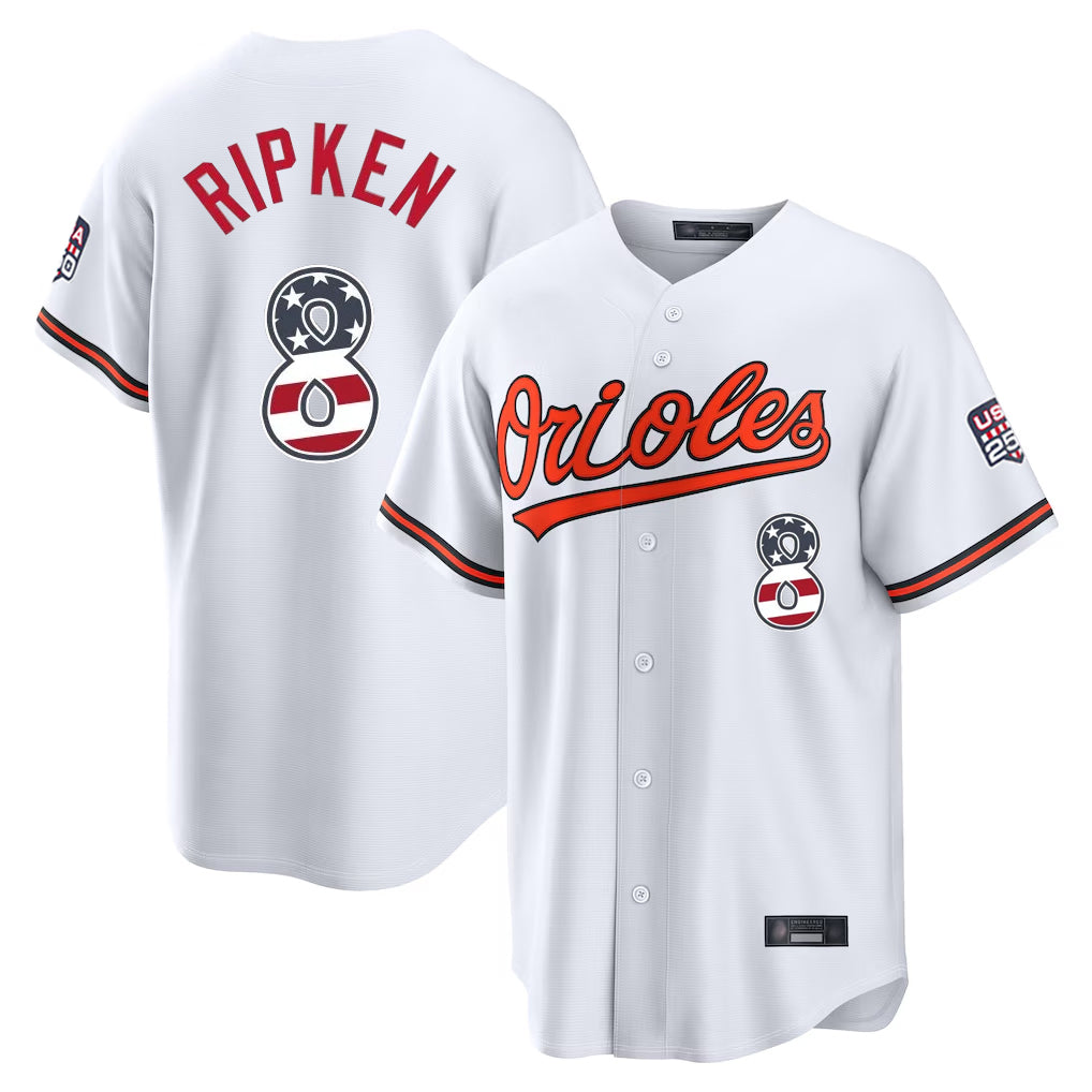 Pouc B.Orioles #8 Cal Ripken Player White USA 250 Fourth of July Home Game Stitched Jerseys
