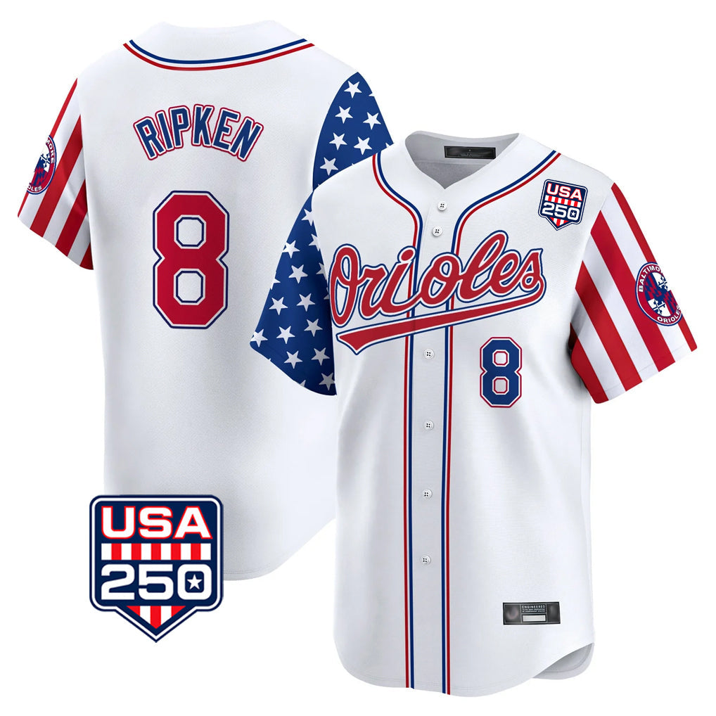 Pouc B.Orioles #8 Cal Ripken Player White USA 250 Independence Day Vapor Premier Home Game Stitched Jerseys