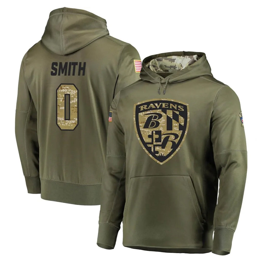 Pouc B.Ravens #0 Roquan Smith Player Olive Salute to Service Pullover Hoodie Stitched Jerseys