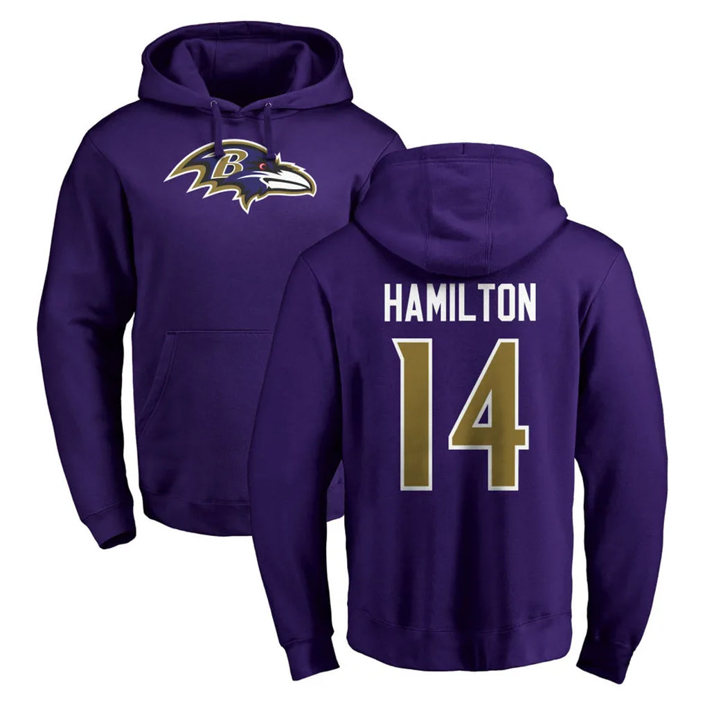 Pouc B.Ravens #14 Kyle Hamilton Player Purple Salute to Service Pullover Hoodie Stitched Jerseys