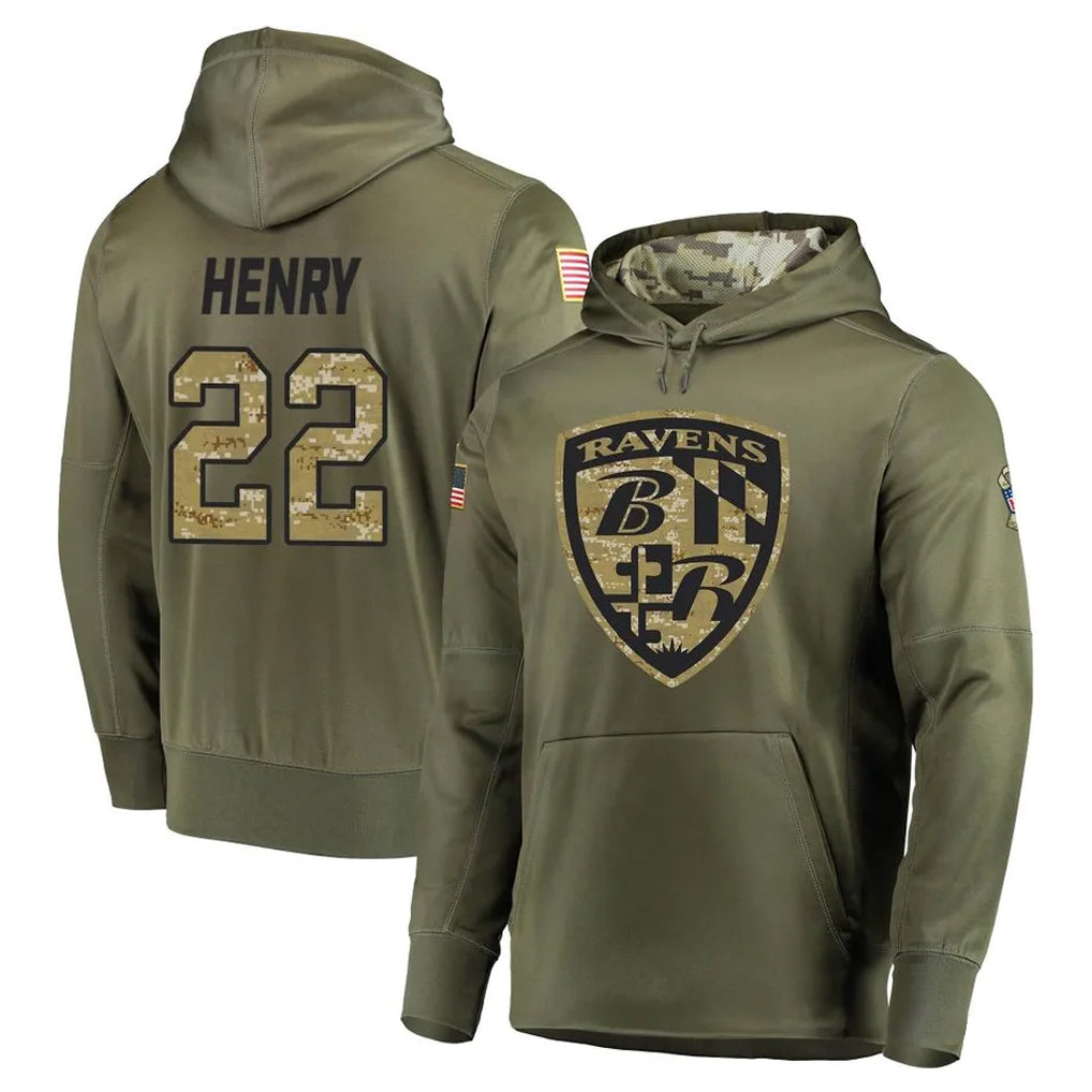 Pouc B.Ravens #22 Derrick Henry Player Olive Salute to Service Pullover Hoodie Stitched Jerseys