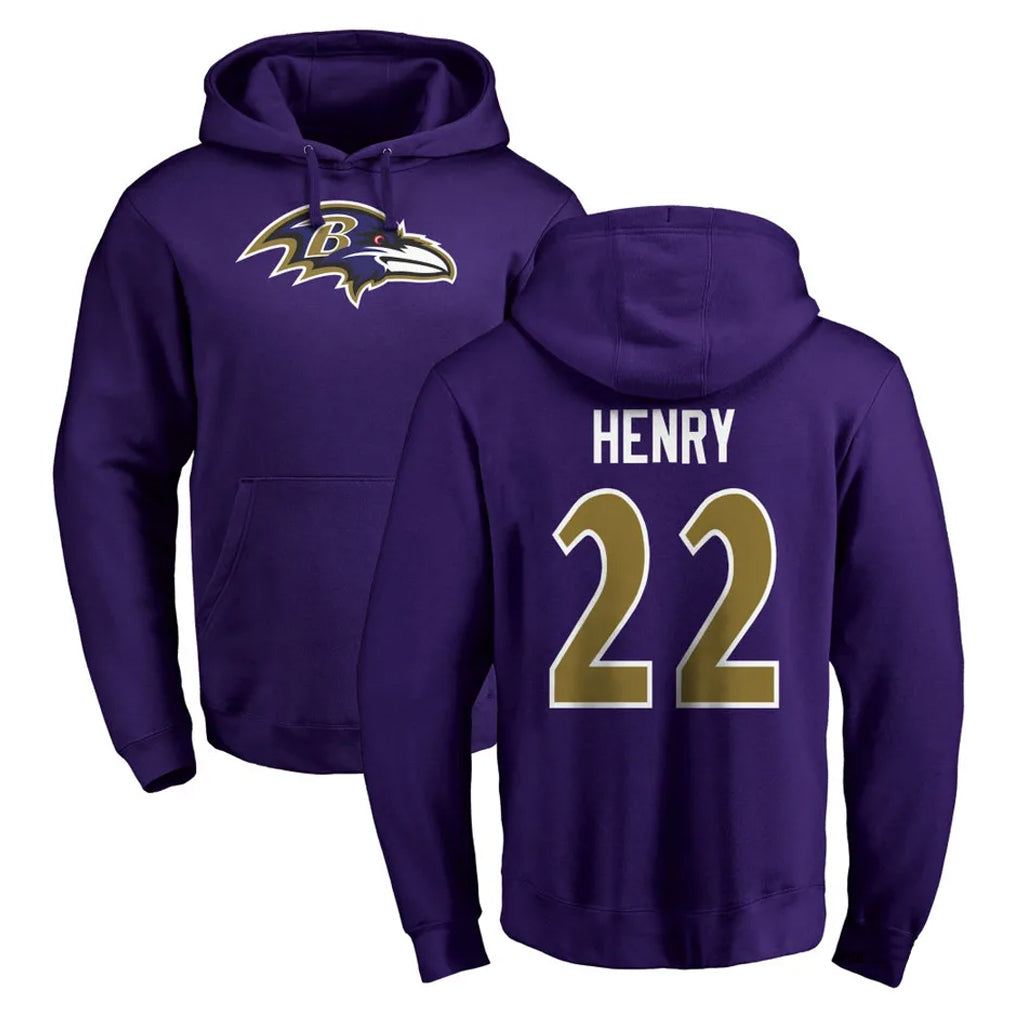 Pouc B.Ravens #22 Derrick Henry Player Purple Salute to Service Pullover Hoodie Stitched Jerseys